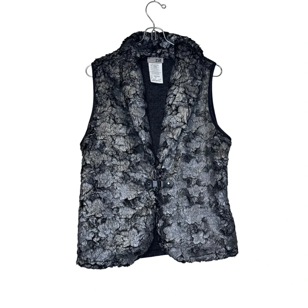 Zoe Women's Vest Open Front Collared‎ Floral Design Sleeveless Gray Petite Small
